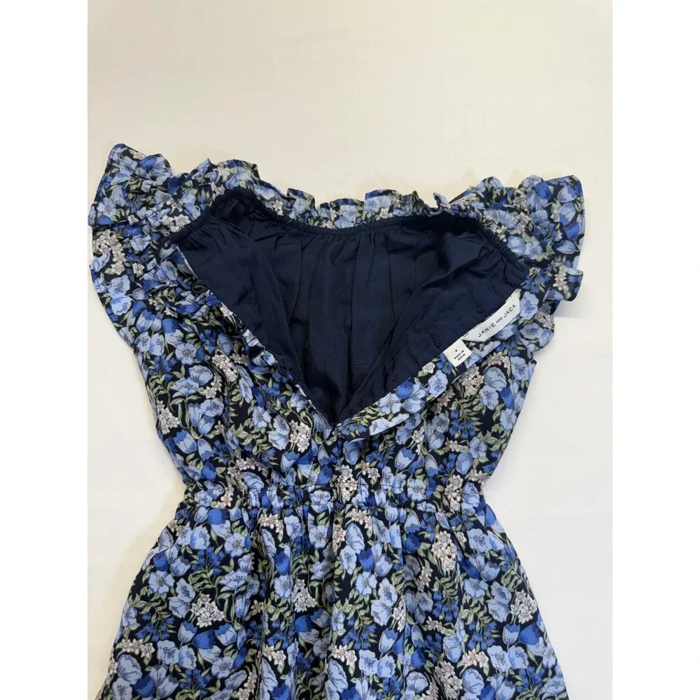 Janie and Jack Blue Floral Ruffle Dress Girls 4 Prairie Cottagecore Boho